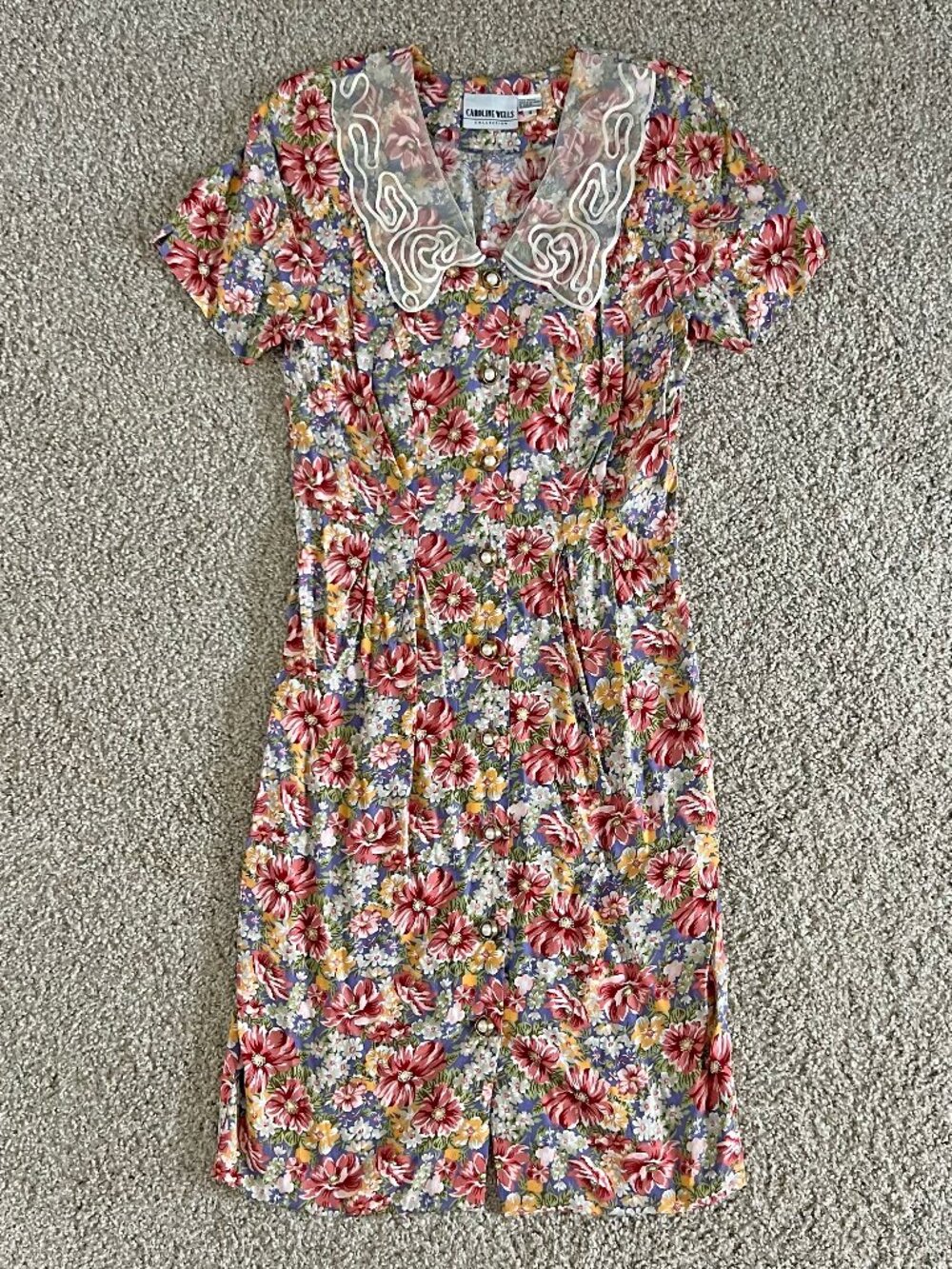 80s Floral Oversized Collar Retro Dress Cottagecore Spring Caroline Wells Size M